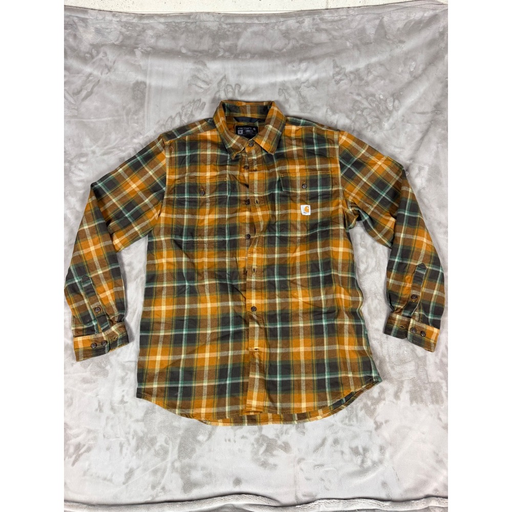 Carhartt Mens Loose Fit Plaid Flannel Shirt Orange Green TW4451-M Size Medium